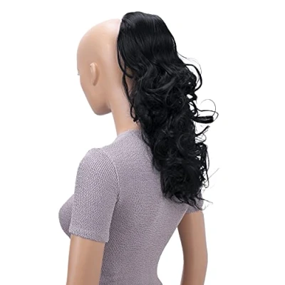 Abbildung von CAISHA 45cm Lang Haarteil Zopf Pferdeschwanz Haarverlängerung Mit Kordelverschluss Voluminös Gelockt Schwarz PH9