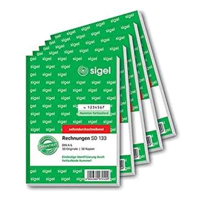 Abbildung von SIGEL SD133/5 Rechnungen fortlaufend nummeriert, eindeutige 7stellige Nummer wie vom Finanzamt vorgeschrieben, A6, 2x50 Blatt, selbstdurchschreibend, 5 Stück, mit Abheftlochung