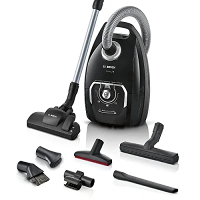 Abbildung von Bosch Staubsauger mit Beutel Serie 8 BGL8XALL, Testsieger, ideal für Allergiker, Hygiene Filter, 10 Jahre Motorgarantie, Hartbodendüse, XXL Polsterdüse, langes Kabel, Made in Germany, 650 W, schwarz