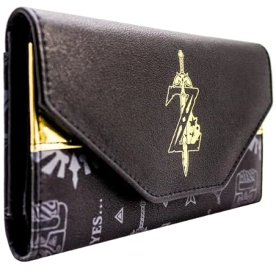 Abbildung von Hyrule Zelda Breath of The Wild Wake Up Link Goldenes Schwert Emblem Portemonnaie DREI Fach Münz, ID &amp; Kartenhalter, Schwarz