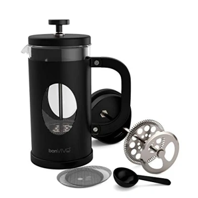 Abbildung von bonVIVO French Press Kaffeebereiter Schwarz 8 Tassen Coffee Maker in Kupfer Optik Kaffekanne aus Glas m. Edelstahl Filter u. Rahmen Kaffee Presse Geschenke für den Haushalt
