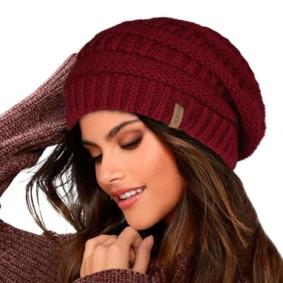 Abbildung von FURTALK Damen Beanie Mütze Warme Wintermütze mit Weichem Innenfutter Gefütterte Strickmütze,Weinrot,Einheitsgröße