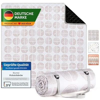Abbildung von Blumtal Premium Picknickdecke wasserabweisend 200x200 cm Boho &amp; Terrazzo Design waschbare Stranddecke sandfrei + weiche Zwischenfüllung Outdoor Decke aus Oxford Gewebe Camping Kreise