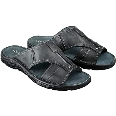 Abbildung von ESTRO Sandalen Herren Pantoletten Echtleder Sommerschuhe Schlappen mit Rutschfeste Gummisohle s1 (44, Graphit)