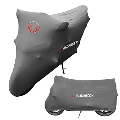 Abbildung von BUSHBOCK® Premium Cover Indoor Motorrad Abdeckplane Staubschutz elastischer, atmungsaktiver Samt Stretchstoff (M L, Grau)