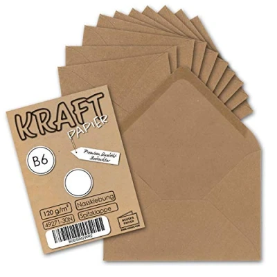 Abbildung von 50x Vintage Umschläge DIN B6 125 x 178 mm Kraftpapier 120 g/m² braun Recycling Brief Nassklebung Spitzklappe UmWelt by GUSTAV NEUSER