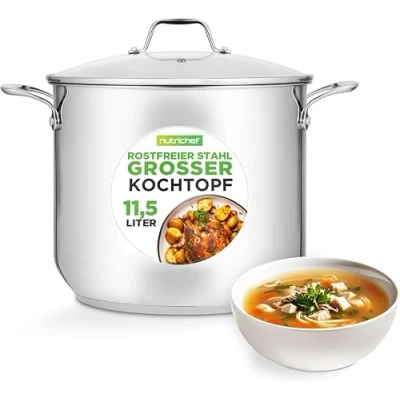 Abbildung von NutriChef Edelstahl Topf 11.4 Liter Kochtopf groß für Induktion, mit Deckel, hitzebeständig 260C, Töpfe induktionsgeeignet, 18/8 Kochtopf, Gas , Induktions und Halogenherde