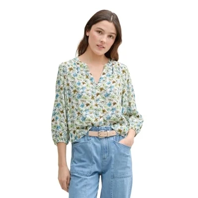 Abbildung von TOM Tailor Denim WITH Buttons Bluse, Damen, Größe: Small, White/green/blue