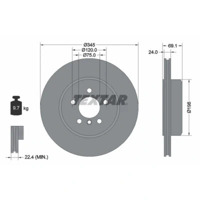 Abbildung von TEXTAR PRO 92253903 Bremsscheibe 345 24 05/06 120 innenbelüftet beschichtet ohne Radbefestigungsbolzen, Radnabe BMW: 5 Saloon, Touring