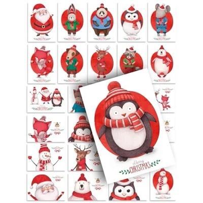 Abbildung von Weihnachtskarten 24 Postkarten Tiere Deko Design Illustration schöne süße Weihnachtspostkarten Weihnachten Xmas Set Mix Geschenk Grußkarten Geschenkkarten niedlich Adventskalender Weihnachtsmann