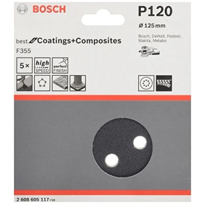 Abbildung von Bosch 5x PRO Plastic and Hard Stone F355 Schleifscheibe (für Beton, Harter Stein, Ø mm, Körnung 120, Professional Zubehör Exzenterschleifer)