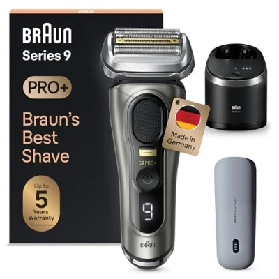 Abbildung von Braun Series 9 Pro+ Elektrorasierer mit 5 Pro Rasierelementen, Rasierer Herren Elektrisch, Langhaarschneider, Reinigungsstation, Ladeetui PowerCase, Made in Germany, 9575cc, grau