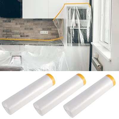 Abbildung von Hivexagon 3 Rollen Abdeckfolie Klebeband mit Folie 2M * 20M Transparent Gewebeklebeband Selbstklebende Malerfolie Malerband Goldband Masker Tape Malerkrepp zum Staubschutz