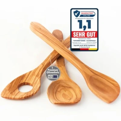 Abbildung von Topanbieter999 3 tlg. Oliven Kochlöffelset, gefertigt in Deutschland, mit Kochlöffel, Servierlöffel und Spitzlöffel 30 cm aus Olivenholz hochwertig nachhaltig Holzlöffel Olive antibakteriell