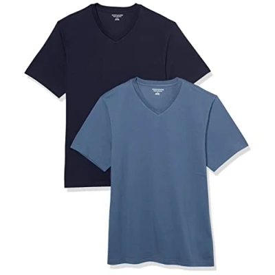 Abbildung von Amazon Essentials Herren Kurzärmliges T Shirt mit V Ausschnitt in normaler Passform (in Übergrößen erhältlich), 2er Pack, Dunkelblau/Marineblau, XS