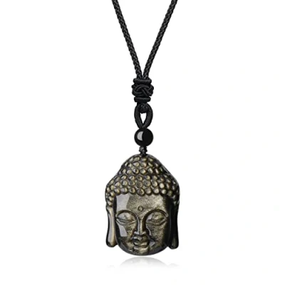 Abbildung von COAI Unisex Geschenkideen Buddha Kopf Anhänger aus Obsidian Gold Buddhistische Glückskette