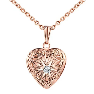 Abbildung von MicLee Damen Halskette Edelstahl Foto Medaillon Photo Bilder Amulett Weiß Zirkonia Silber/Rosegold/Gold Anhänger Herzkette mit Geschenkbox Grußkarte Super Geschenk für Mutter Tochter