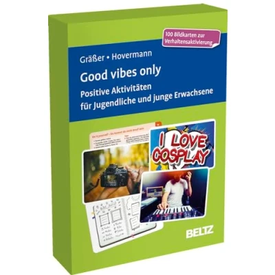 Abbildung von Good vibes only. Positive Aktivitäten für Jugendliche und junge Erwachsene: 100 Bildkarten zur Verhaltensaktivierung in stabiler Box, Kartenformat 9,8 ... 37 seitigem Booklet (Beltz Therapiekarten)