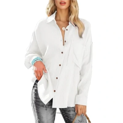 Abbildung von TAN.TOMI Bluse Damen Lässiges Elegant V Ausschnitt Hemd Bluse,Casual Business Oberteile mit Knöpfen Tops Langarmshirt(Weiß)