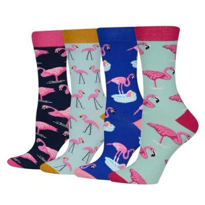 Abbildung von Cansok Damen Crew Neuheit Flamingo Socken Geschenk Baumwolle anziehen Wadensocken Packung mit 4