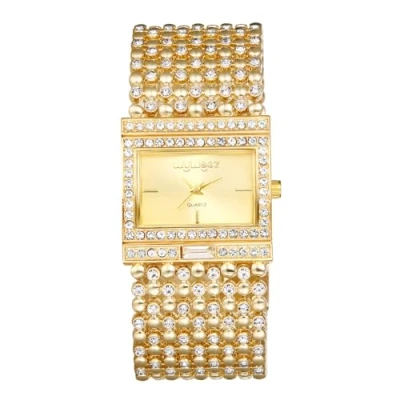 Abbildung von JewelryWe Damenuhr Glitzer Rechteckig Uhr: Damen Bling Strass Analog Quarz Armbanduhr Frauen Gold Breit Metallarmband Armreif Lässige Diamant Spangenuhr mit Eckigem Zifferblatt
