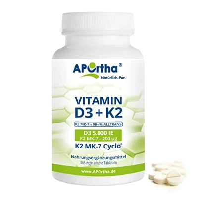 Abbildung von APOrtha Vitamin D3 5.000 I.E + 200 µg K2 99+% ALL Trans, 365 vegetarische Tabletten hochdosiert u. teilbar, Premium D und K Tablette leicht zu schlucken Alternative Tropfen Kapseln