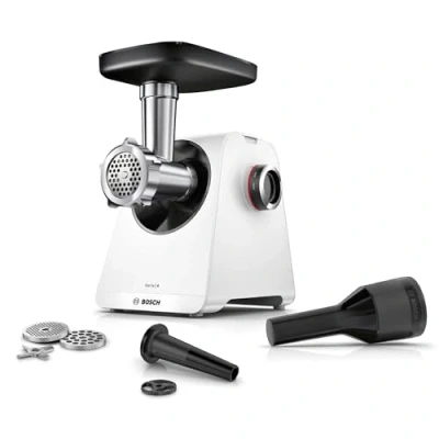 Abbildung von Bosch Fleischwolf Serie 4 MFWS420W, kompakt, 2 Stufen, Lochscheiben (3 &amp; 8mm), Wurststopfer, 10 J Motorgarantie, Planetengetriebe, 1.900 W, weiß/schwarz