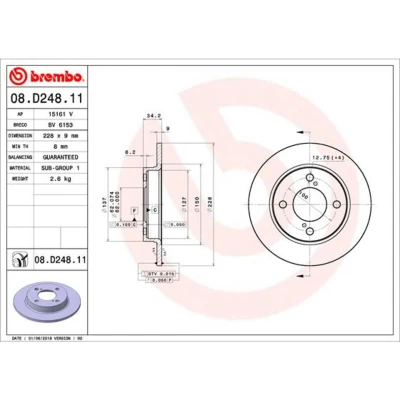 Abbildung von BREMBO 08.D248.11 Bremsscheibe 228 9 4 voll beschichtet SUZUKI: SWIFT 5, Baleno II Hatchback