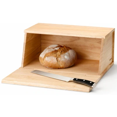 Abbildung von Continenta Brotkasten aus Gummibaumholz, Frontdeckel als Schneidebrett nutzbar, Größe: 40 x 26 18,5 cm (ohne Messer)