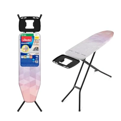 Abbildung von Vileda Diamond Bügelbrett, Bügeltisch für Dampfbügelstationen, Bügelfläche 120 x 38 cm, titanbeschichteter Bügelbezug, höhenverstellbar, stabiles Gestell, TÜV geprüft, 3 Jahre Garantie, Eco Pack