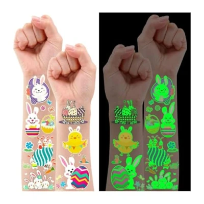 Abbildung von Leesgel Oster Deko Tattoo Aufkleber Kinder, 12 Blatt Leuchtende Temporäre für Kinder Ostergeschenke Korbtüten Füllstoffe, Kindertattoo Spielzeug Preise Ostereiersuche Gefälligkeiten