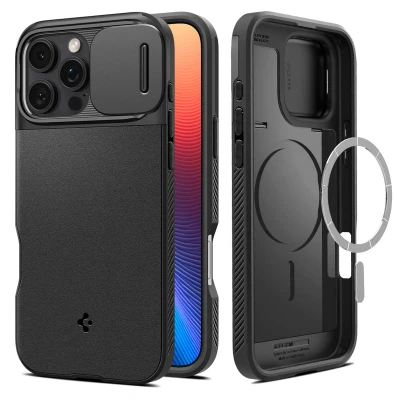 Abbildung von Apple iPhone 16 Pro Hülle MagSafe Kunststoff Spigen Hard Case/Backcover Handyhülle Schwarz Shockproof/Stoßfest