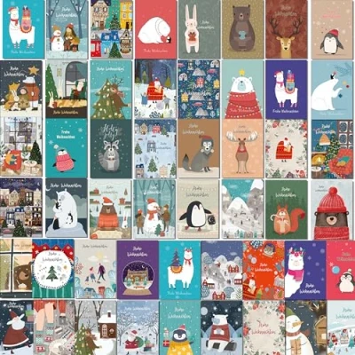 Abbildung von Weihnachtskarten Set 50 verschiedene mit hellen und lustigen Designs kraftbraunen Umschlägen aus Recyclingpapier. Weihnachtskarte
