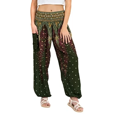 Abbildung von Lofbaz Damen Haremshose Yogahose Pumphose Hippie Hose Boho Kleidung Festival Outfit Sommerhose Leicht Sommer Hosen Peacock 1 Grün 4XL Große Größen