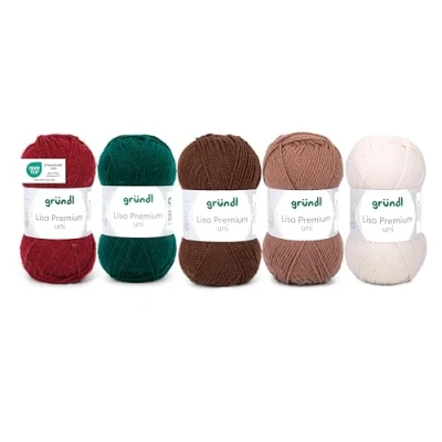 Abbildung von Gründl Wolle Lisa Premium uni, Garn zum Stricken und Häkeln aus 100% Polaycryl, 50 g / 133 m, 5 x Knäuel, Strickset, Weiß Braun Bordeaux Grün