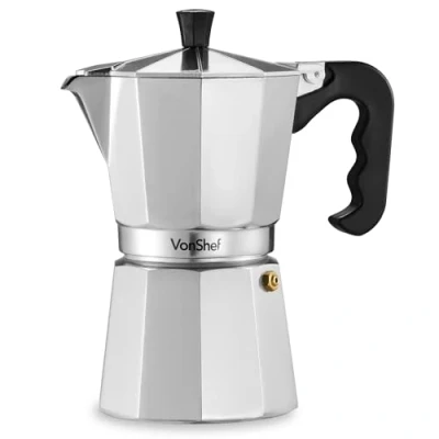 Abbildung von VonShef Espressokanne für den Herd, 300 ml Italienischer Espressokocher aus Aluminium Gas &amp; Elektroherd Mokkakanne 6 Tassen mit Ersatz Dichtung und Filter