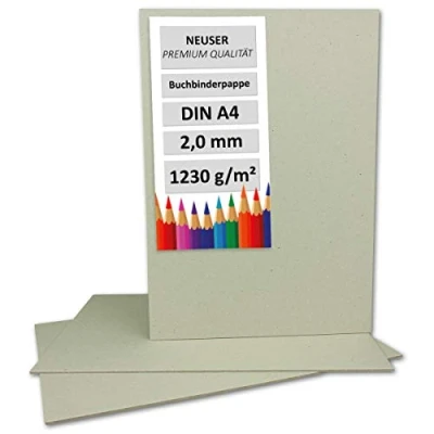 Abbildung von 10 Stück Buchbinderpappe DIN A4 Stärke 2,0 mm (0,20 cm) Grammatur: 1230 g/m² Format: 29,7 x 21 cm Farbe: Grau Braun