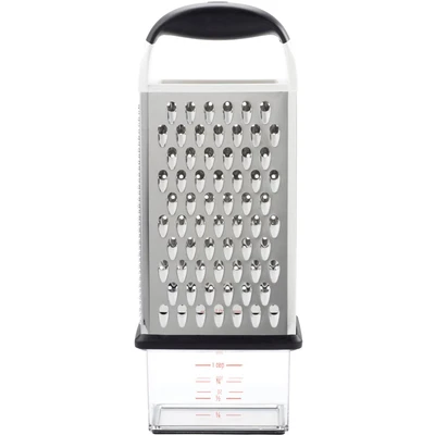Abbildung von OXO Good Grips Vierkantreibe mit Auffangbehälter aus geätztem Edelstahl für Gemüse und mehr, Silber/Schwarz