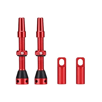 Abbildung von FOMTOR Tubeless Presta Ventilschaft, Aluminiumlegierungsschäfte mit Value Core Remover Tool und Ventilschaftkappen passend für die meisten schlauchlosen Fahrradfelgen (Rot, 40MM, Paar)
