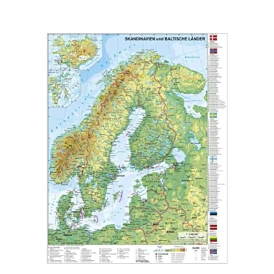 Abbildung von Skandinavien und Baltikum physisch mit UNESCO Welterbestätten Nationalparks Wandkarte Poster NEUE AUFLAGE