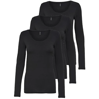 Abbildung von ONLY 3er Pack Damen Langarmshirt schwarz und weiß Langarm Basic Longsleeve Sommer aus 95% Baumwolle XS S M L XL 15209156