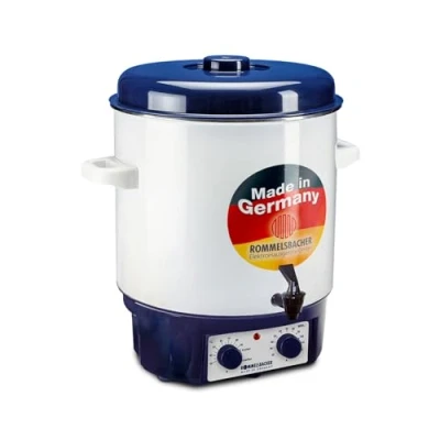 Abbildung von ROMMELSBACHER Glühwein /Einkochvollautomat KA 1804, MADE IN GERMANY, 2 Schicht Emaillierung, 27 Liter/für 14 Gläser à 1 Liter, stufenlos regelbar, Entsafterschaltung, Zeitschaltuhr, Ablaufhahn, 1800 W