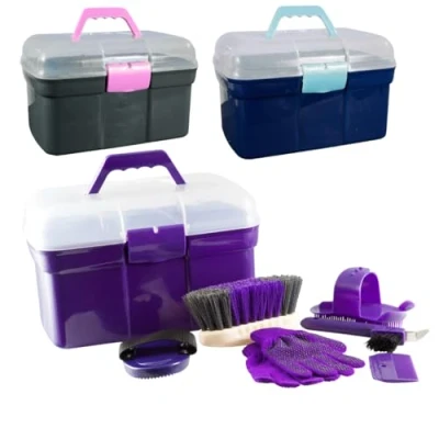 Abbildung von PFIFF 100576 Putzkiste mit Inhalt, Kinderputzbox, 6 teiliges Putzzeug für Kinder, Pferdepflege, Lila