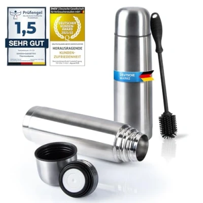 Abbildung von Edelstahl Thermosflasche mit Becher &amp; Bürste; Thermoskanne Doppelwandige Isolierkanne; Auslaufsicher, Spülmaschinenfest BPA frei + Reinigungsbürste; hält Getränke heiß kalt (Silber 1000 ml)