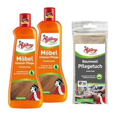 Abbildung von POLIBOY Möbel Intensiv Pflege Pflegemittel für lackiertes Holz schützende und auffrischende Holzpflege farbneutral 2x 500ml mit Baumwolltuch Made in Germany