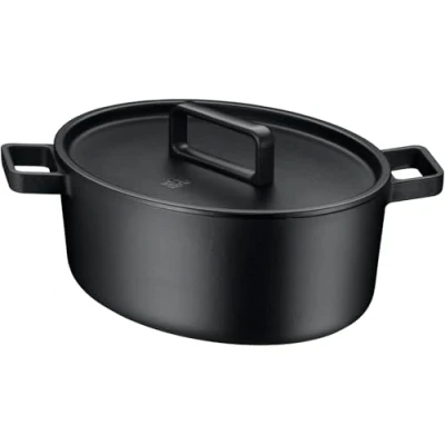 Abbildung von WMF Flavour Bräter oval 34 x 28 cm, Gusseisen Induktion, Kochgeschirr, emailliert, Topf, Gussdeckel, Schmortopf, Deckel mit Kondensationsnoppen, moderne Eleganz, schwarz