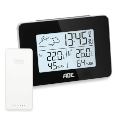 Abbildung von ADE Digitale Wetterstation Funk mit Außensensor Innen und Außentemperatur Luftfeuchtigkeitsmesser animierte Wettervorhersage Funkwecker Schlummerfunktion schwarz