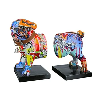 Abbildung von Casablanca Deko 1 Paar Buchstützen CD Ständer Tierfigur Mops Hundefigur mit Halsband Glocke Design: Street Art Graffiti Rosen Mehrfarbig Gesamtlänge 22,5 cm