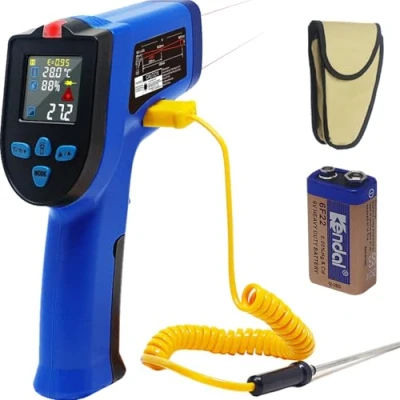 Abbildung von KETOTEK Infrarot Thermometer Temperaturmessgerät Doppel laser IR Pyrometer mit K Sonde 50C bis 550C, Berührungsloser Farbe LCD NCV Feuchtigkeitsmessung Einstellbarer Emissionsgrad Küche Pizza