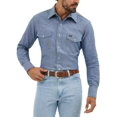 Abbildung von Wrangler Herren 70127 mW Button down Shirts, Medium Blue Chambray, L Lang EU